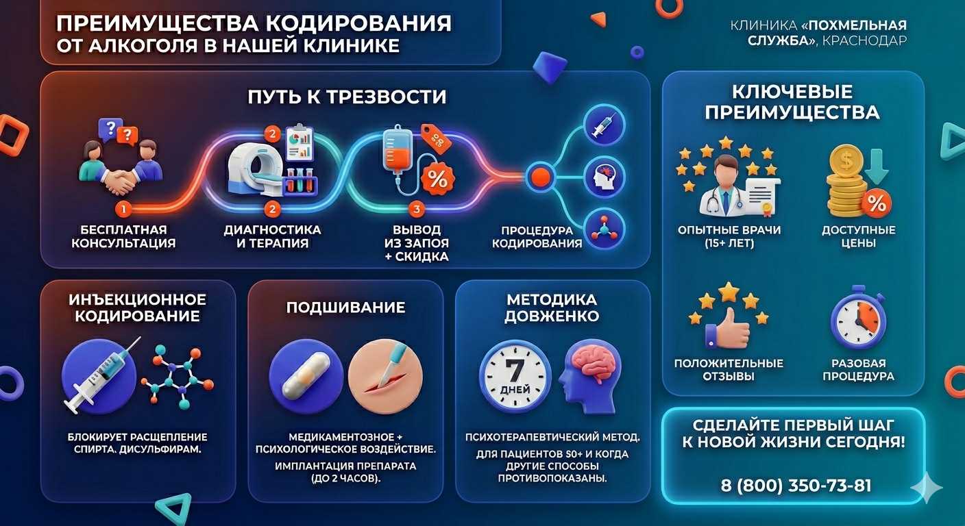 Инфографика о методах кодирования от алкоголя в Соколе: инъекции, подшивание, метод Довженко. Преимущества клиники и этапы лечения.