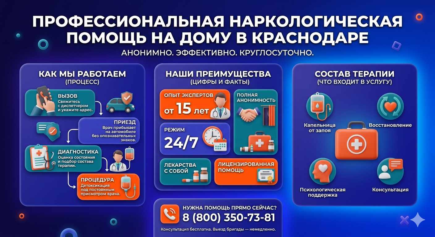 Инфографика о принципах лечения алкоголизма на дому в Соколе: этапы вызова нарколога, преимущества анонимной детоксикации и состав медицинской помощи.